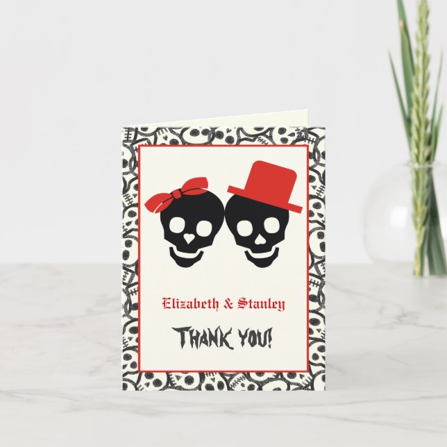 Tarjeta De Agradecimiento Calaveras elegantes Halloween boda roja Gracias (Anverso)