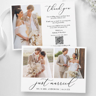 Tarjeta De Agradecimiento Caligrafía 3 Foto Recién Casados Código QR Boda