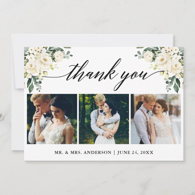 Tarjeta De Agradecimiento Caligrafía acuarela Boda floral blanca foto (Anverso)