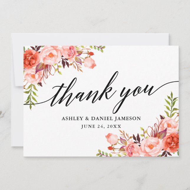 Tarjeta De Agradecimiento Caligrafía Acuarela Coral Boda floral (Anverso)