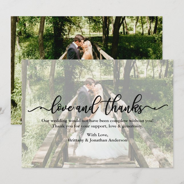 Tarjeta De Agradecimiento Caligrafía Amor Gracias Boda Foto Sobreposición Ta (Anverso / Reverso)