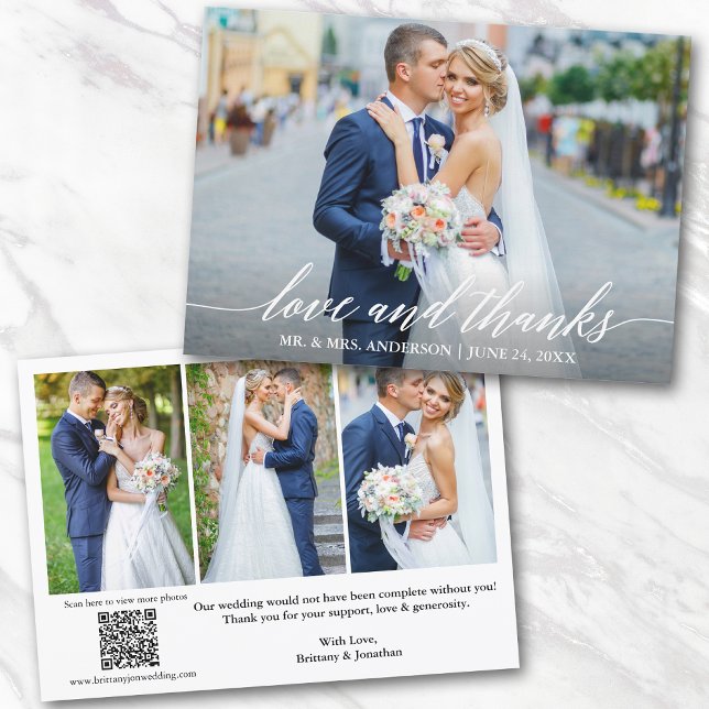 Tarjeta De Agradecimiento Caligrafía Amor Gracias Código QR 4 Foto Boda (Add your wedding website link to the QR Code so guests can scan & view more of your photos online.)
