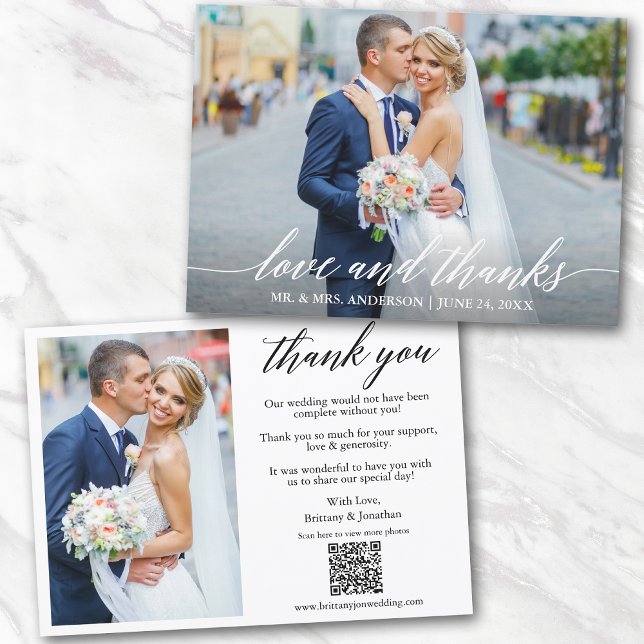 Tarjeta De Agradecimiento Caligrafía Amor Gracias QR Código 2 Foto Boda (Add your wedding website link to the QR Code so guests can scan & view more of your photos online.)