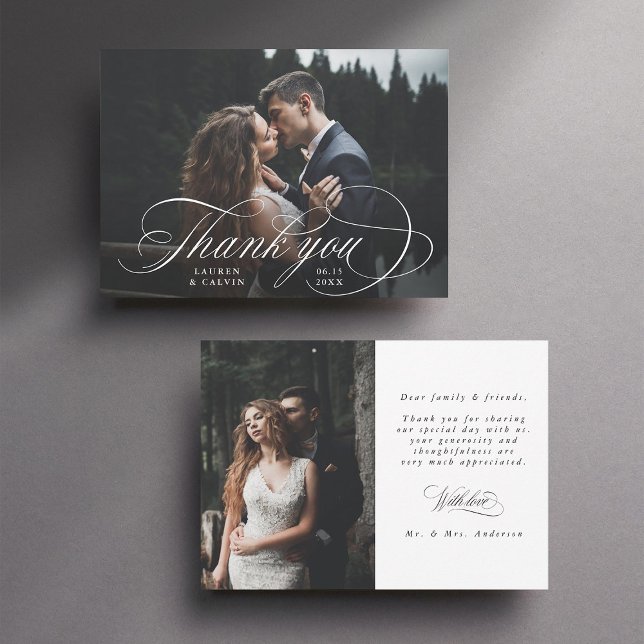 Tarjeta De Agradecimiento Caligrafía blanca romántica 2 Boda fotográfico (Front & Back)