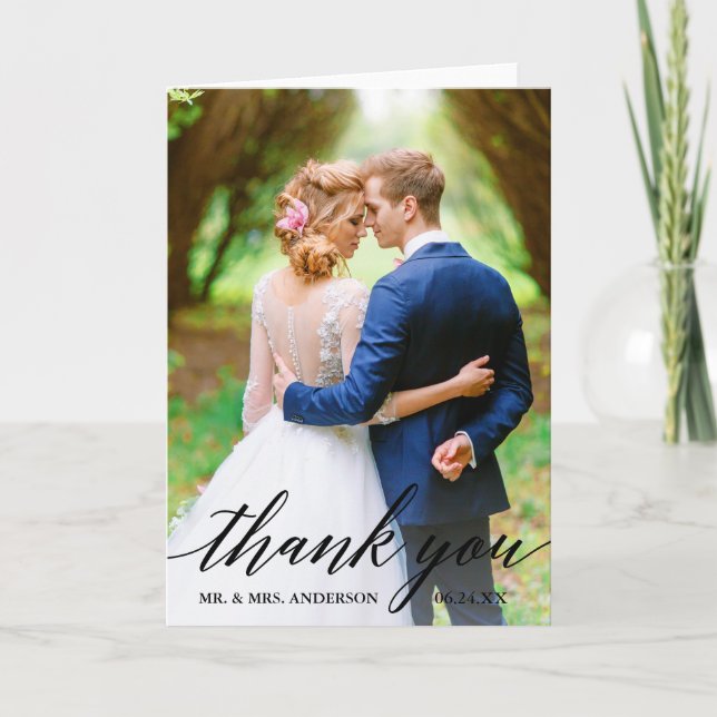 Tarjeta De Agradecimiento Caligrafía | Boda de Bride Groom Fold Fold (Anverso)