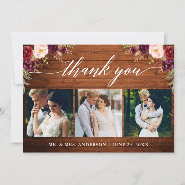 Tarjeta De Agradecimiento Caligrafía Boda Floral Borgoña Madera 3 Foto (Anverso)