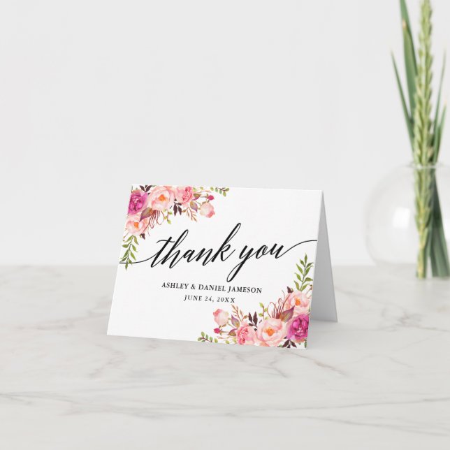 Tarjeta De Agradecimiento Caligrafía Boda floral rosa Rubor (Anverso)
