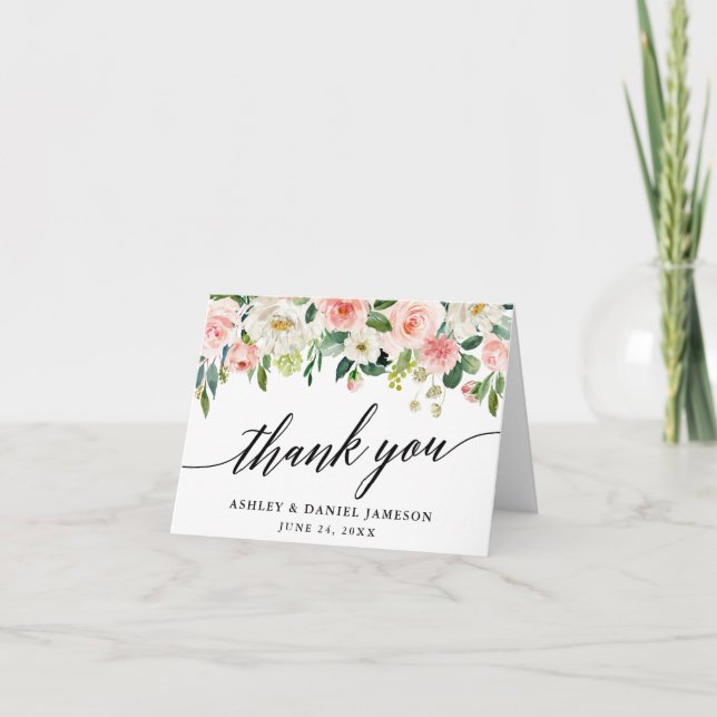 Tarjeta De Agradecimiento Caligrafía Boda floral rosa Rubor (Anverso)