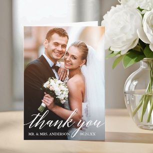 Tarjeta De Agradecimiento Caligrafía Boda Novia y Novio Foto Plegada