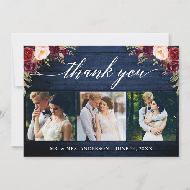 Tarjeta De Agradecimiento Caligrafía Borgoña Boda Floral Azul Madera Azul (Anverso)