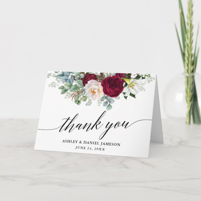 Tarjeta De Agradecimiento Caligrafía Borgoña Floral vegetación Boda Fold (Anverso)