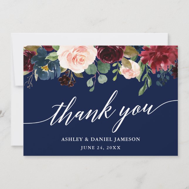 Tarjeta De Agradecimiento Caligrafía Burgundy Floral Azul Boda (Anverso)
