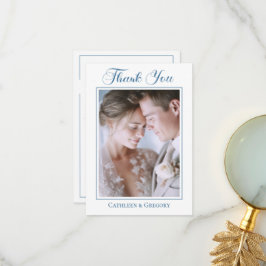 Tarjeta De Agradecimiento Caligrafía de Boda Floral Azul Polvo Foto Personal