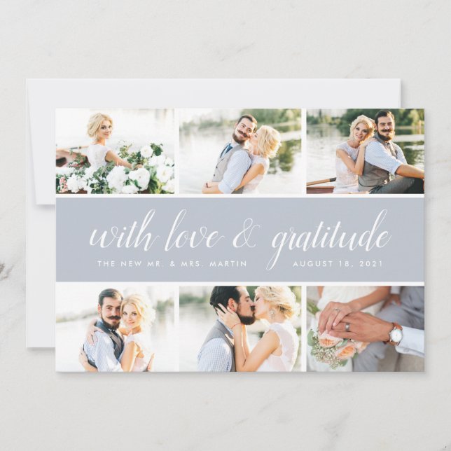 Tarjeta De Agradecimiento Caligrafía de moda | Collage de fotos Boda Gracias (Anverso)