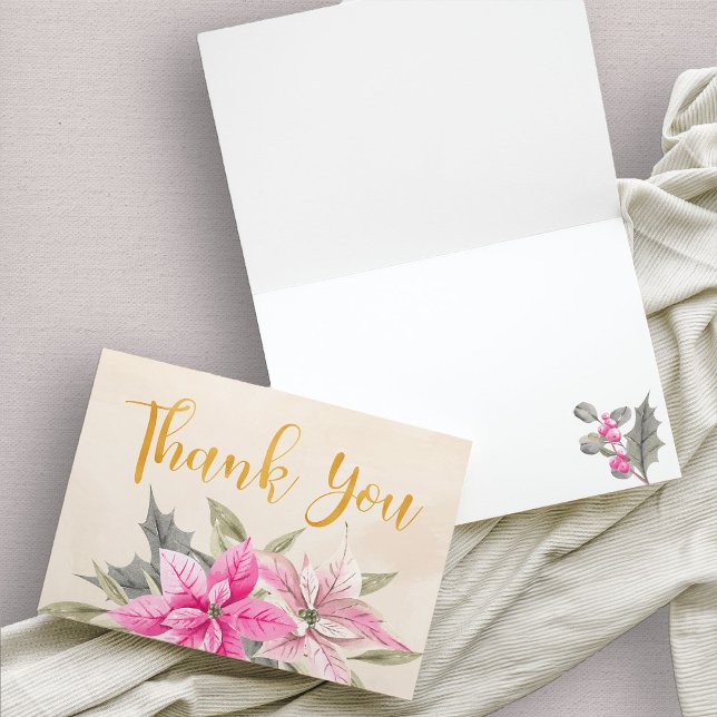 Tarjeta De Agradecimiento Caligrafía de oro de la poinsettia rosa invernal (Pink and gold poinsettia thank you card)