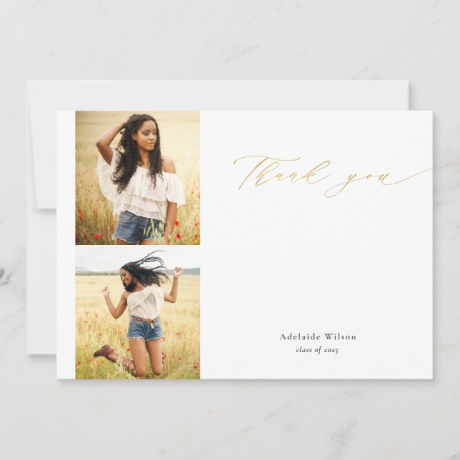 Tarjeta De Agradecimiento Caligrafía de oro Dos Graduaciones de Foto Gracias (Anverso)