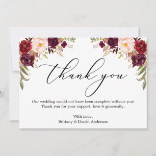 Tarjeta De Agradecimiento Caligrafía elegante acuarela floral burgundy