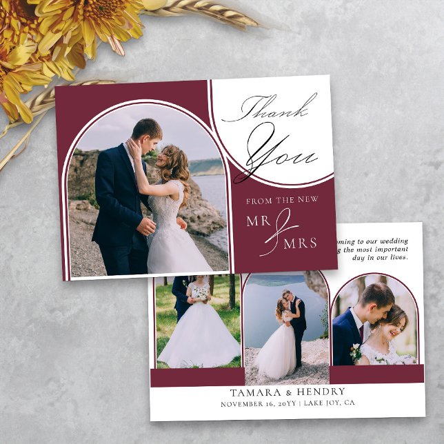 Tarjeta De Agradecimiento Caligrafía elegante multifoto arcaica borgoña (Arched photo burgundy wedding thank you card from my Wedding Colors collection)
