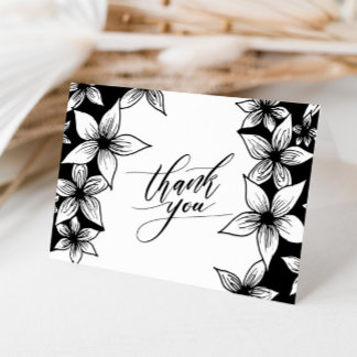 Tarjeta De Agradecimiento Caligrafía floral en negro y blanco