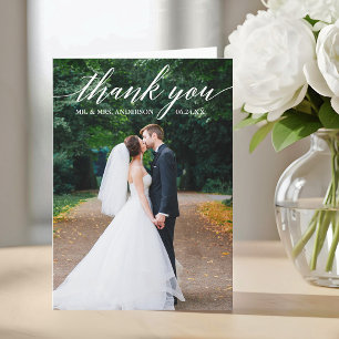 Tarjeta De Agradecimiento Caligrafía Foto de Boda Elegante Doble