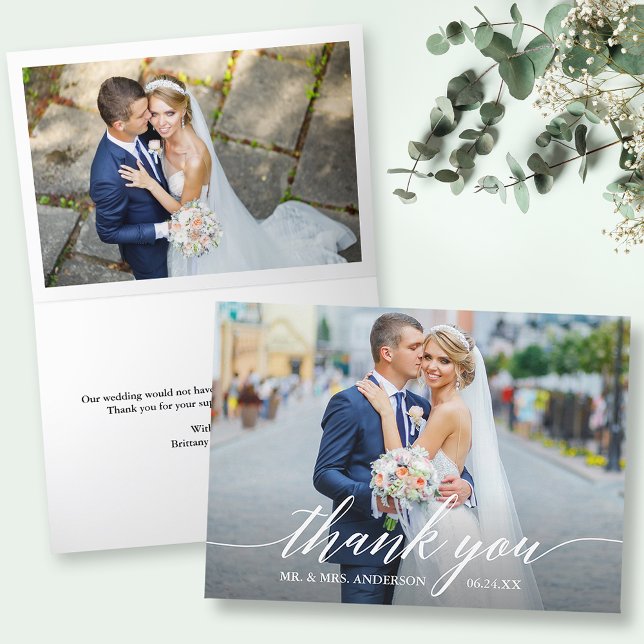 Tarjeta De Agradecimiento Caligrafía moderna 2 Boda de fotografía doblado (Customize to change your personalized text size or text style.)