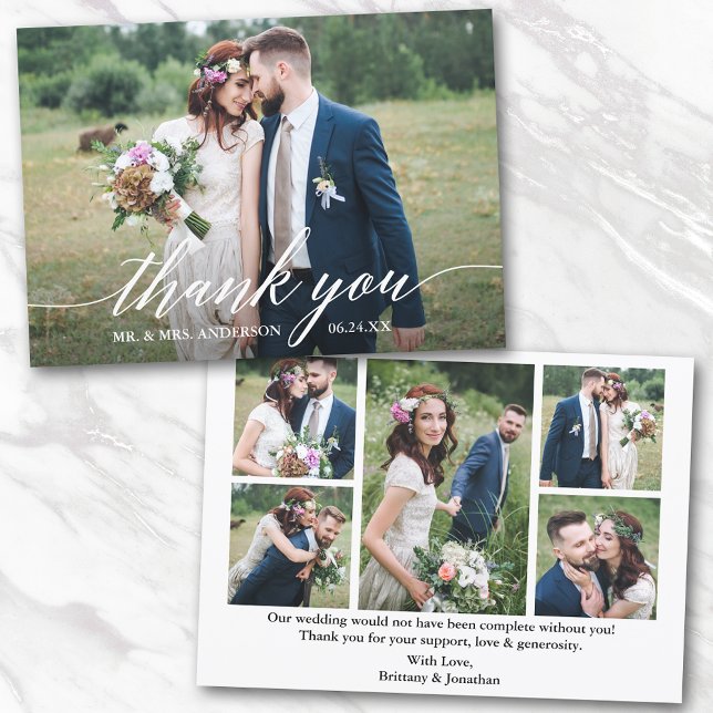 Tarjeta De Agradecimiento Caligrafía moderna 6 fotos Boda de Bride Groom (Customize to change your personalized text size or text style.)