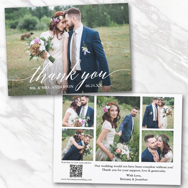 Tarjeta De Agradecimiento Caligrafía moderna 6 fotos Boda de código QR (Add your wedding website link to the QR Code so guests can scan & view more of your photos online.)