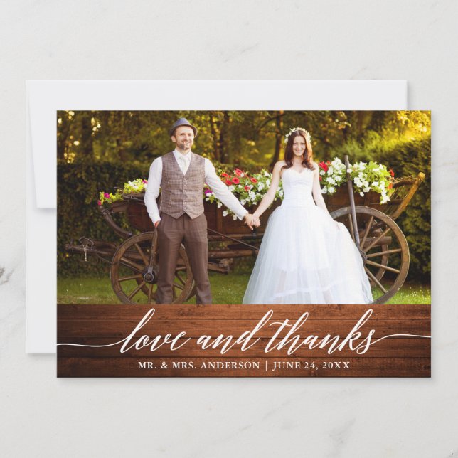 Tarjeta De Agradecimiento Caligrafía moderna Amor Gracias Boda De Madera (Anverso)