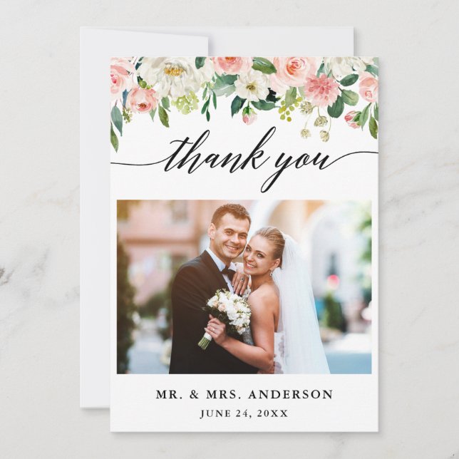 Tarjeta De Agradecimiento Caligrafía moderna Boda floral rosa (Anverso)
