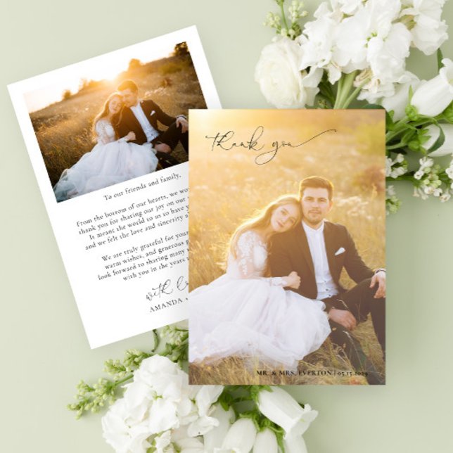 Tarjeta De Agradecimiento Caligrafía moderna Boda fotográfico de sangre comp (Easily personalize this 2 photo wedding thank you card with your images and personal message)