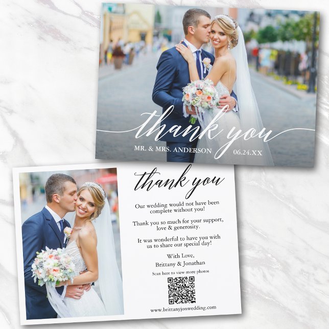 Tarjeta De Agradecimiento Caligrafía moderna Código QR 2 Boda fotográfico (Add your wedding website link to the QR Code so guests can scan & view more of your photos online.)