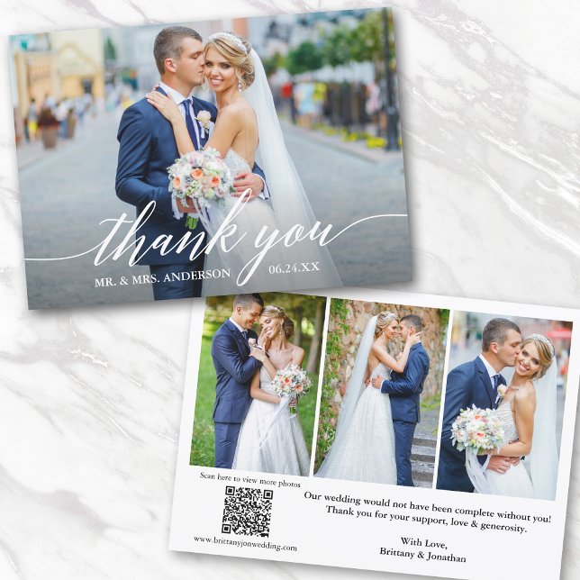 Tarjeta De Agradecimiento Caligrafía moderna Código QR 4 Boda fotográfico (Add your wedding website link to the QR Code so guests can scan & view more of your photos online.)