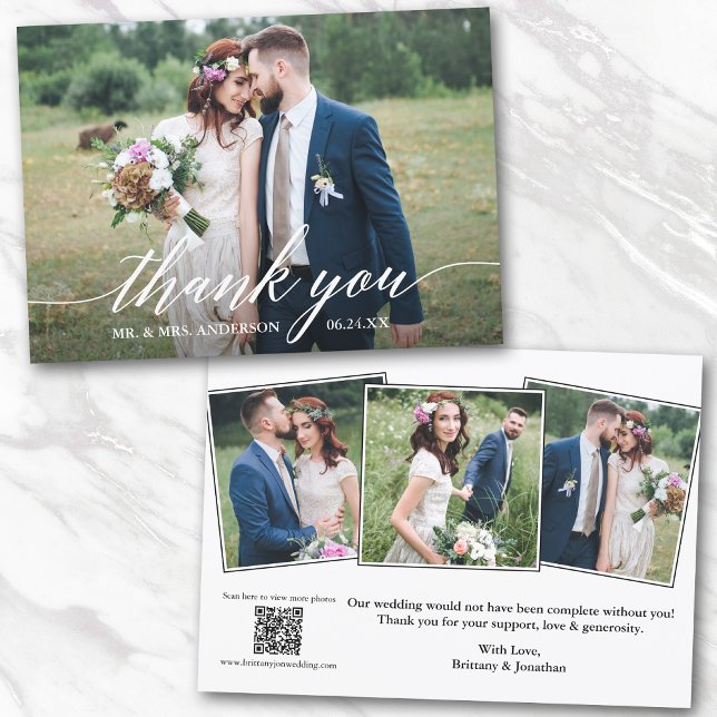 Tarjeta De Agradecimiento Caligrafía moderna Código QR 4 Fotos Boda (Subido por el creador)