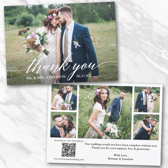 Tarjeta De Agradecimiento Caligrafía moderna Código QR 6 Fotos Boda (Add your wedding website link to the QR Code so guests can scan & view more of your photos online.)