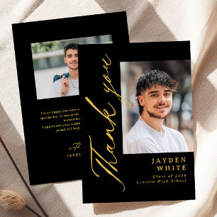 Tarjeta De Agradecimiento Caligrafía moderna en negro y dorado para graduaci