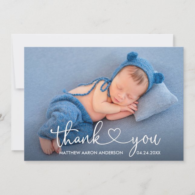 Tarjeta De Agradecimiento Caligrafía moderna Script Heart Baby Photo (Anverso)