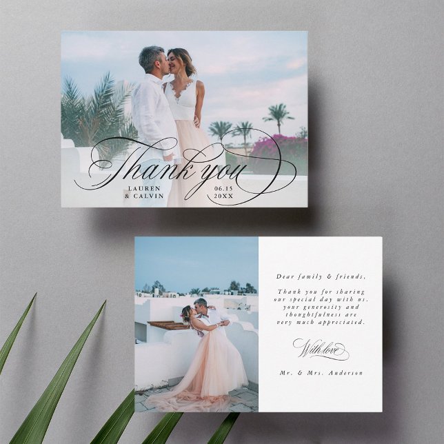 Tarjeta De Agradecimiento Caligrafía negra romántica 2 Boda fotográfico (Front & Back)
