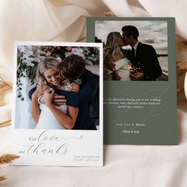 Tarjeta De Agradecimiento Caligrafía Sage Green Heart Boda 2 Fotos (Subido por el creador)
