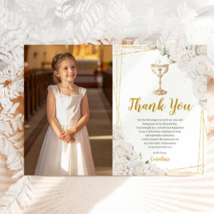 Tarjeta De Agradecimiento Cáliz de Primera Comunión Floral Blanco Foto