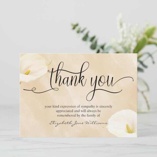Tarjeta De Agradecimiento Calligrafía Acuarela Lillies Funeral Gracias (Anverso de pie)