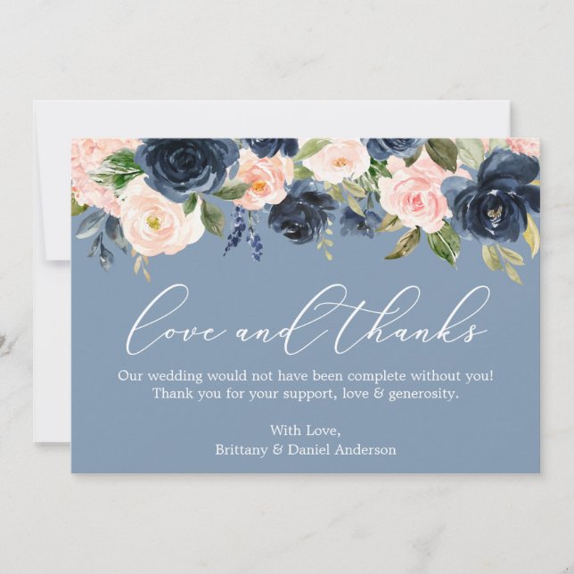 Tarjeta De Agradecimiento Calligrafía Amor Gracias Dusty Floral Rosa Azul (Anverso)