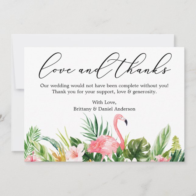 Tarjeta De Agradecimiento Calligrafía Amor Gracias Flamingo Rosado Tropical (Anverso)