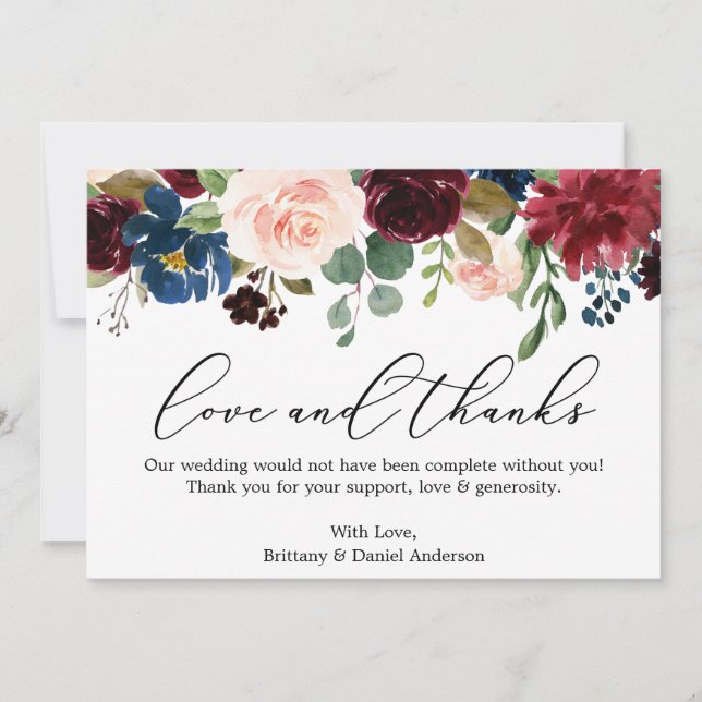 Tarjeta De Agradecimiento Calligrafía Amor Gracias Floral Azul Borgoña (Anverso)