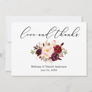 Tarjeta De Agradecimiento Calligrafía Amor Gracias Floral Borgoña