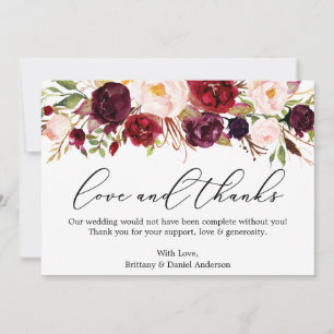 Tarjeta De Agradecimiento Calligrafía Amor Gracias Floral Borgoña