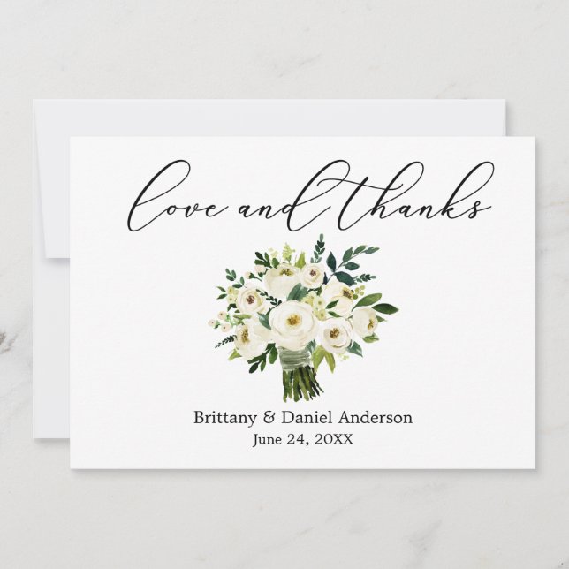 Tarjeta De Agradecimiento Calligrafía Amor Gracias Green Floral Bouquet (Anverso)