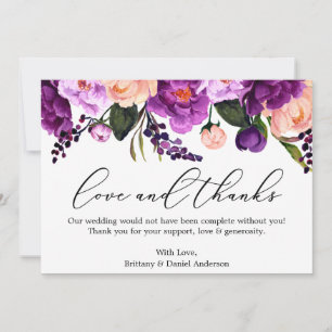 Tarjeta De Agradecimiento Calligrafía Amor Gracias Morado Violeta Floral