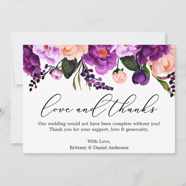 Tarjeta De Agradecimiento Calligrafía Amor Gracias Morado Violeta Floral (Anverso)