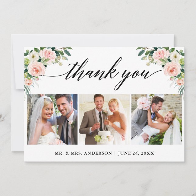 Tarjeta De Agradecimiento Calligrafía Boda floral blanco rosado 3 Foto (Anverso)