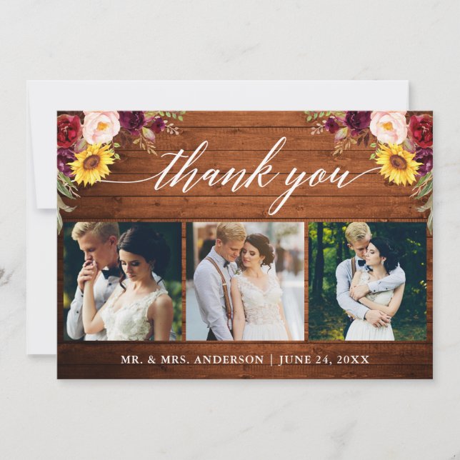 Tarjeta De Agradecimiento Calligrafía Boda floral mixto Madera 3 Foto (Anverso)